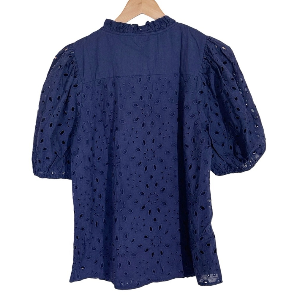 Pretty Garden Eyelet Short Lantern Puffy Sleeve  Blouse Navy Blue - Picture 5 of 7